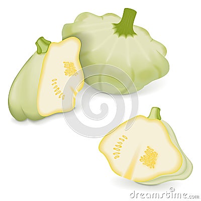 Whole and half of White Patty Pan squash Vector Illustration