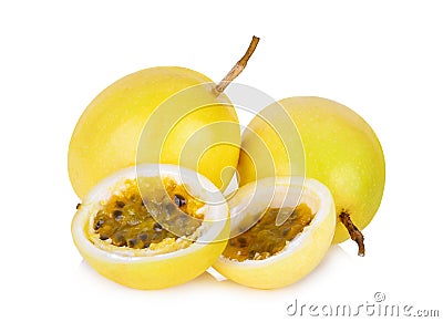 Whole and half of yellow passion fruit isolated on white Stock Photo