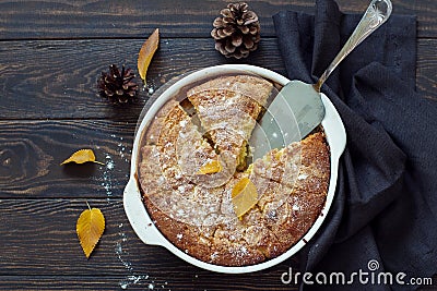 Whole homemade apple pie on dark wooden background Stock Photo