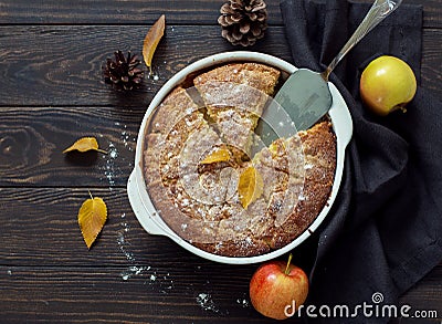 Whole homemade apple pie on dark wooden background Stock Photo