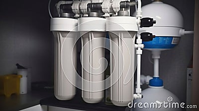 Whole house rainwater filter system. Osmosis deionization system. Water treatment Appliances, ultrafiltration background. Home Stock Photo