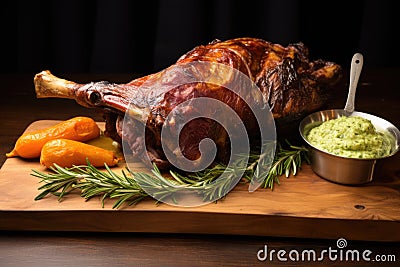 whole lamb shank with garlic and rosemary spread on a wooden board Stock Photo