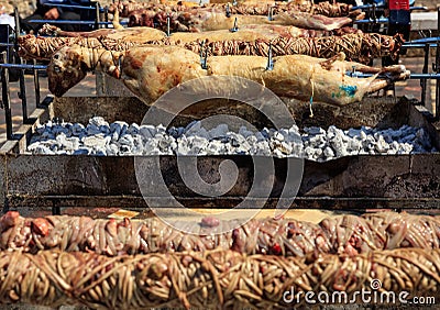 Whole lambs and kokorec on coals fire Stock Photo