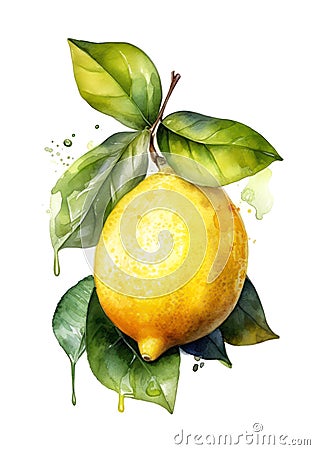 Whole lemon with leaves on white background. Stock Photo