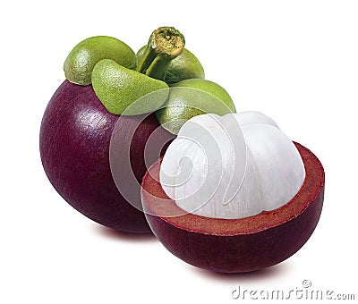 Whole mangosteen and piece cut in half isolated on white background Stock Photo