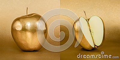 Whole and opened apple with golden peel on gold background Stock Photo