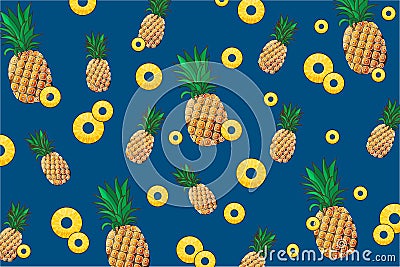 Whole pineapples and slices of pineapple of different sizes are located on a blue background. Summer fruit background Vector Illustration