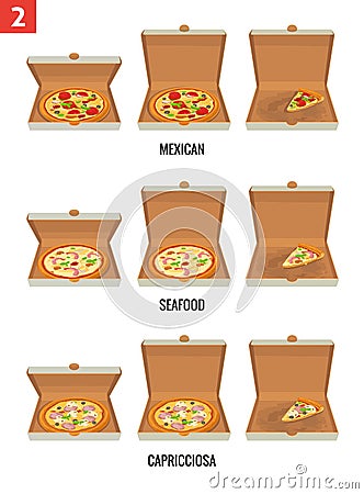 Whole pizza and slices of pizza in open and semi-open white box. Pepperoni, Hawaiian, Margherita. Vector isolated flat Vector Illustration