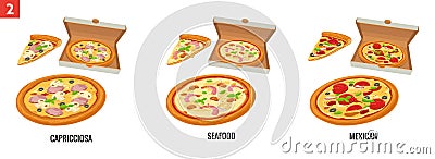Whole pizza and slices of pizza in open white box. Mexican, Seafood, Capricciosa. Vector isolated flat illustration for Vector Illustration