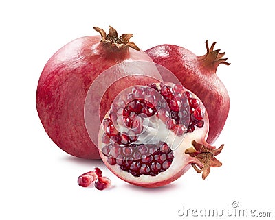 Whole pomegranates and half slice on white background Stock Photo