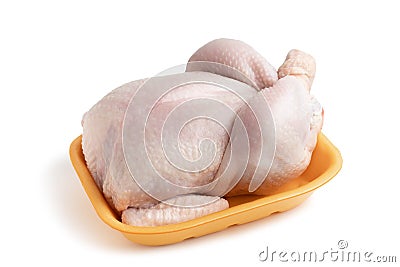 Whole raw chicken carcass on a shopping tray isolated on a white background with clipping paths with shadow and without Stock Photo