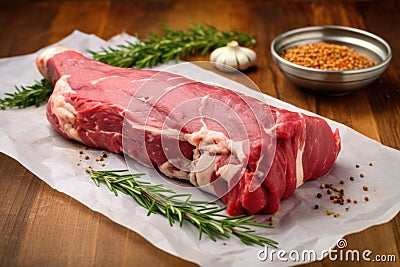 whole raw lamb leg prepped with garlic and rosemary rub, on butcher paper Stock Photo
