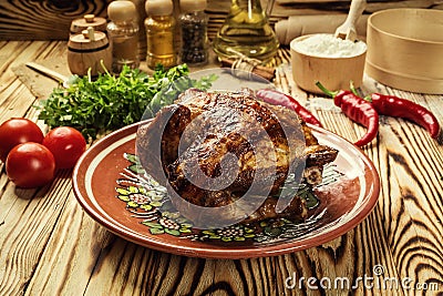 Whole roasted chicken,barbecued whole chicken with crispy golden Stock Photo