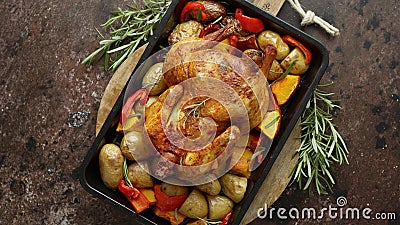 Whole roasted turkey or chicken with pepper, pumpkin, potatoes, carrots Stock Photo