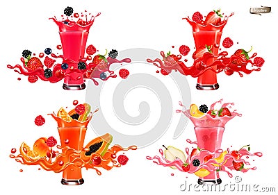 Whole and slice of berries and fruit in a jiuce. Strawberries, raspberries, cherries, blueberries in a wave of juice with Vector Illustration