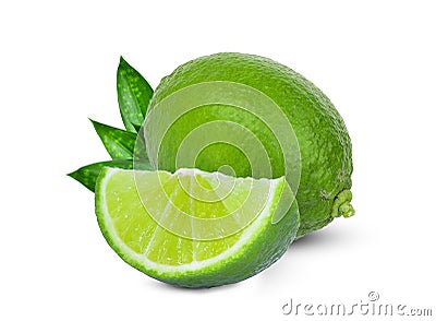 Whole and slice green lime with green leaves isolated on white Stock Photo