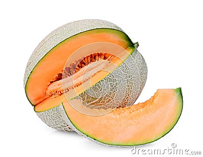 Whole and slice of japanese melons, orange melon or cantaloupe melon with slice isolated on white Stock Photo