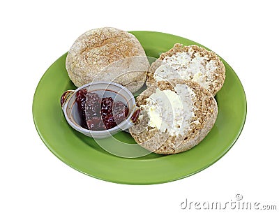 Whole Grain English Muffins Buttered Stock Photo