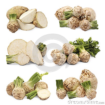 Whole and sliced celery roots isolated on white, collage design Stock Photo