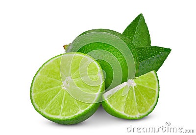 Whole and slices green lime with green leaf isolated on white Stock Photo