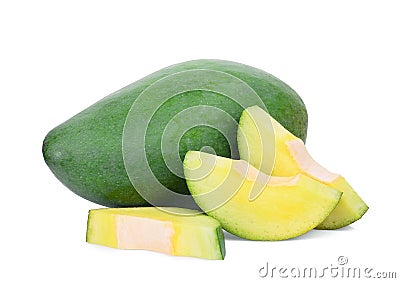 Whole and slices green mango isolated on white Stock Photo