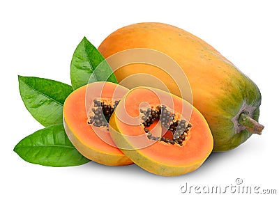 Whole and slices ripe papaya fruit with green leaves isolated on white Stock Photo
