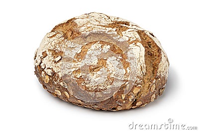 Whole sourdough loaf of bread with pumpkin seeds close up on white background Stock Photo