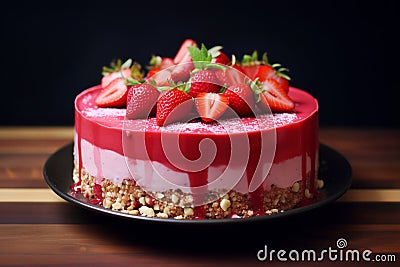 Whole strawberry cheesecake with a vibrant red glaze and fresh strawberries on top, on a black plate on a wooden table against Stock Photo