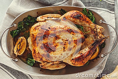 Whole stuffed and roasted turkey or chicken for a festive dinner Stock Photo
