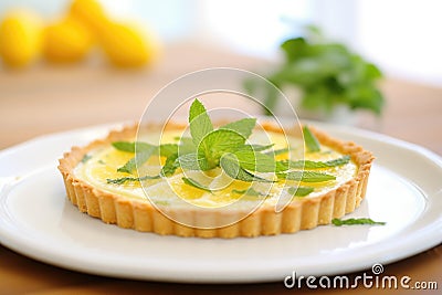 whole tarte au citron on a white plate, fresh mint leaf on top Stock Photo