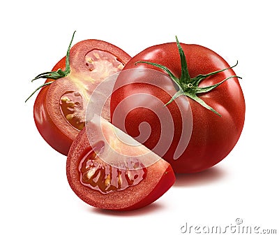 Whole tomato, half and quarter piece on white backgroun Stock Photo