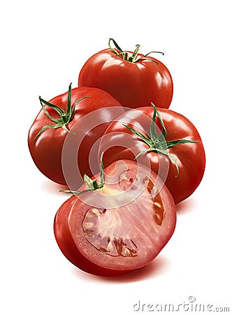 3 whole tomato and half on white background Stock Photo