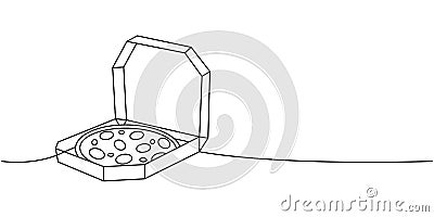 Whole traditional pizza in a box one line continuous drawing. Traditional italian fast food continuous one line Vector Illustration