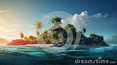 Whole tropical island in the ocean. Inhabited subtropical isle with palm trees and white sand Stock Photo