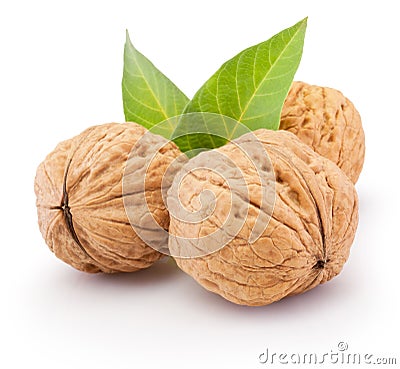 Whole walnut with leafs isolated on white background Stock Photo