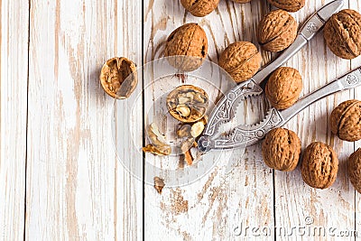 Whole walnuts background. Close up, top view. Stock Photo