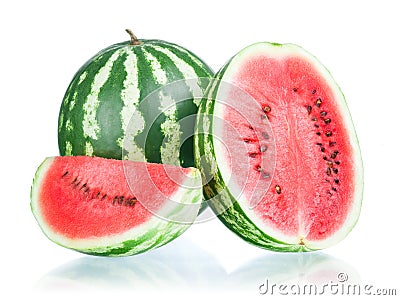 Whole watermelon, half and slice Stock Photo