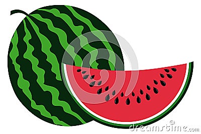 Whole watermelon and slice icon. Natural juicy fruit Vector Illustration