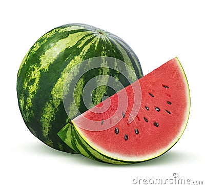 Whole watermelon and slice on white background Stock Photo