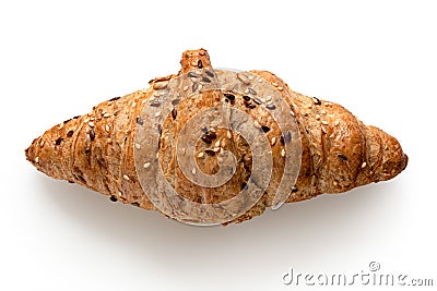 Whole wheat croissant with linseeds and sesame seeds isolated on white. Top view Stock Photo