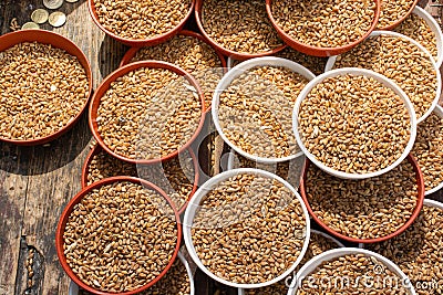 Whole wheat grains in bowl for spilling out to feed bird Stock Photo