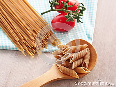 Whole wheat pasta still life Stock Photo