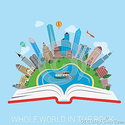 Whole world in book city collage knowledge education flat vector Vector Illustration