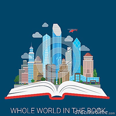 Whole world in book city collage knowledge education flat vector Vector Illustration