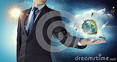 Whole world in his hand . Mixed media Stock Photo