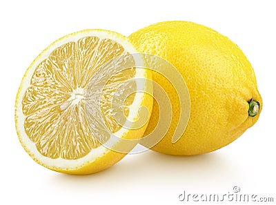 Whole yellow lemon citrus fruit with half isolated on white Stock Photo