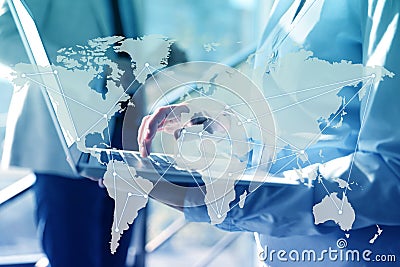 Wholesale and logistics concept. Woman using laptop in office, world map illustration on foreground Cartoon Illustration