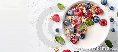 Wholesome american breakfast granola with milk, berries, honey on white background, space for text. Stock Photo