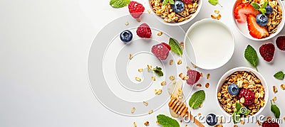 Wholesome american breakfast granola, milk, berries, honey on white background with text space. Stock Photo