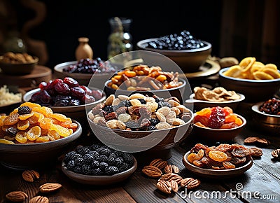 A Wholesome Array of Nutty Delights Featuring Assorted Nuts, Seeds, Raisins and Dried Fruits. Dried fruit and nuts Stock Photo